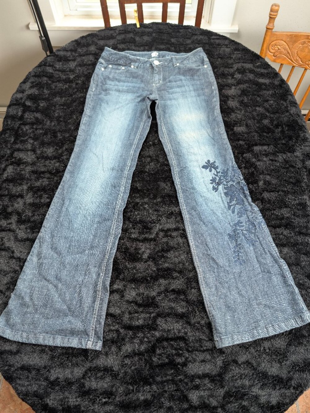 Denim Womens Jeans Size 31 Floral Embroidered Beaded Bootcut Y2K Blue
